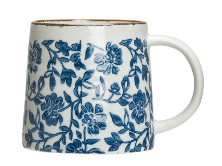 Blue Hand-Stamped Floral Mugs