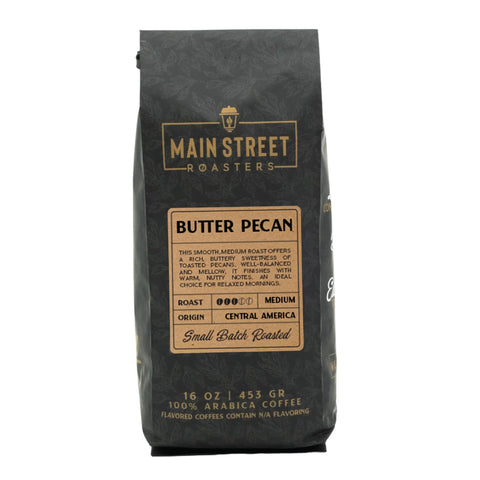 Mainstreet Roasters Butter Pecan medium roast coffee in branded black bag