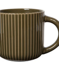 Brown ceramic mug with vertical stripes on a white background