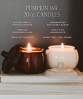 Two pumpkin jar candles on books with product details text overlay