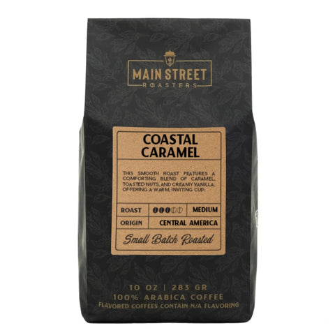 Main Street Roasters Coastal Caramel medium roast coffee in black branded bag