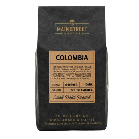 Main Street Roasters Colombia dark roast coffee in black branded bag