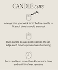 Candle care instructions with illustrations on a beige background