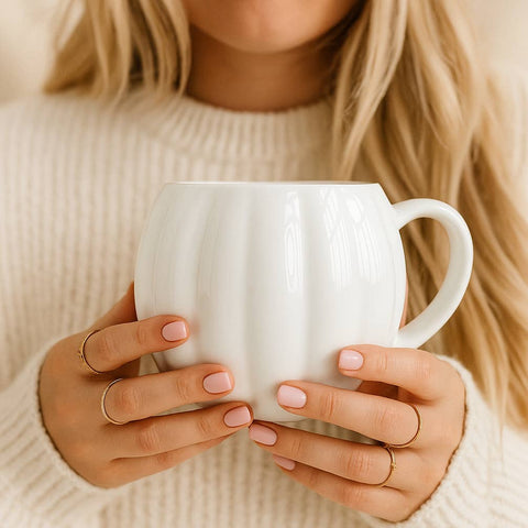 A close-up lifestyle shot of a woman in a cream knit sweater holding a white pumpkin shaped ceramic mug with both hands. She is wearing delicate gold rings.