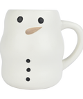 White mug designed like a snowman with black buttons and a brown carrot nose on a white background