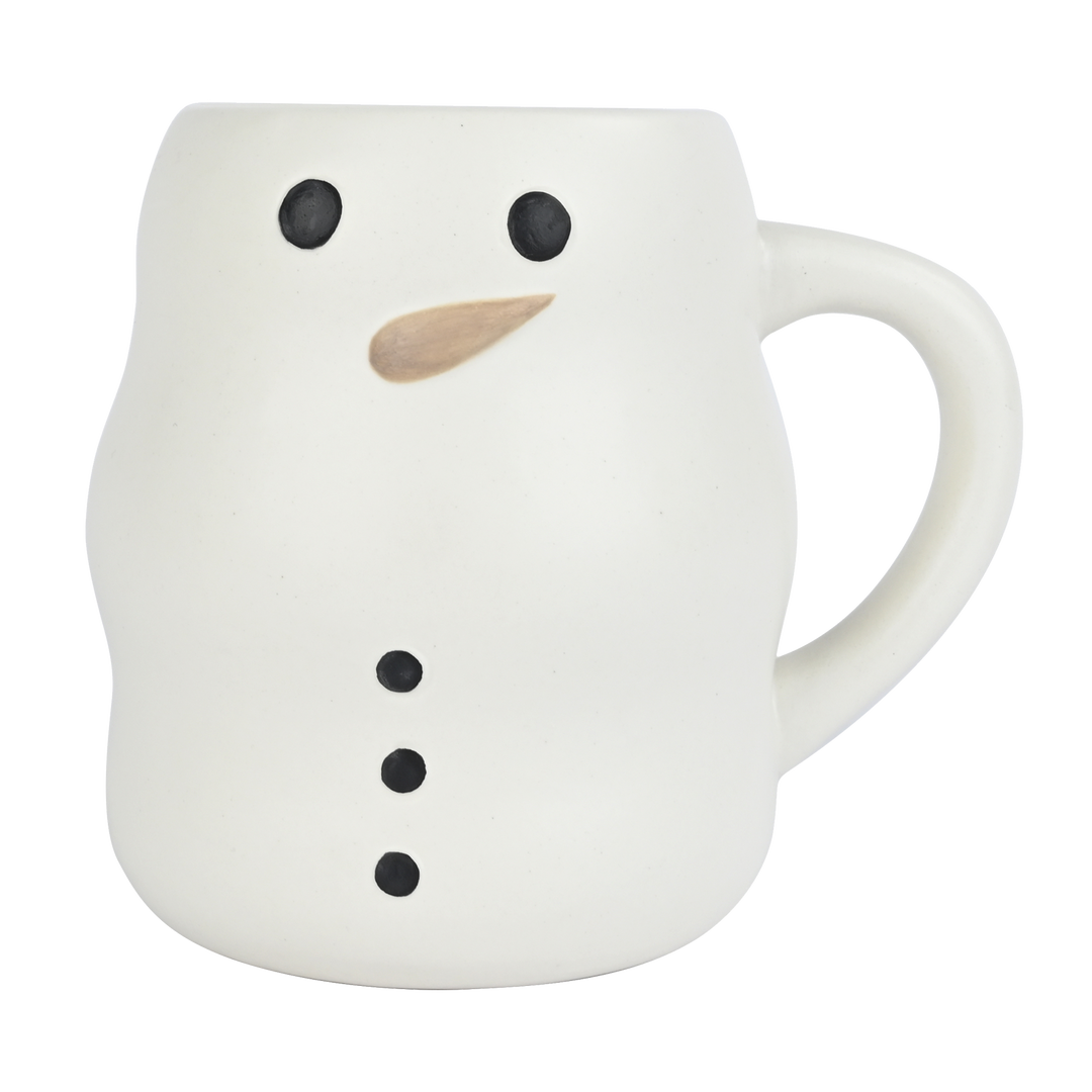 White mug designed like a snowman with black buttons and a brown carrot nose on a white background