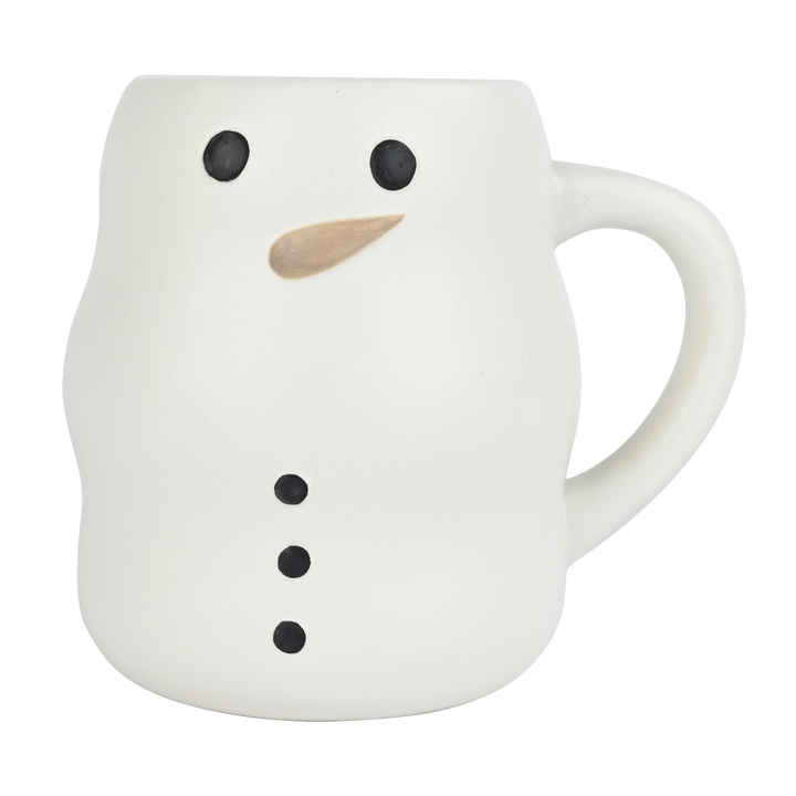 White mug designed like a snowman with black buttons and a brown carrot nose on a white background