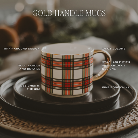 Plaid mug with gold handle on a dark surface, featuring product details.
