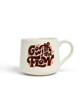 White mug with 'Go with the Flow' text in brown on a white background