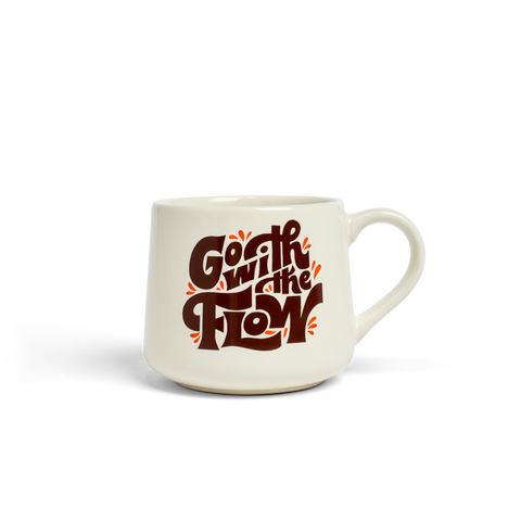 White mug with 'Go with the Flow' text in brown on a white background