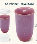 Pink travel mug with dimensions labeled on a white background