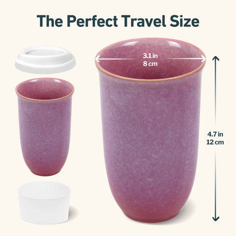 Pink travel mug with dimensions labeled on a white background