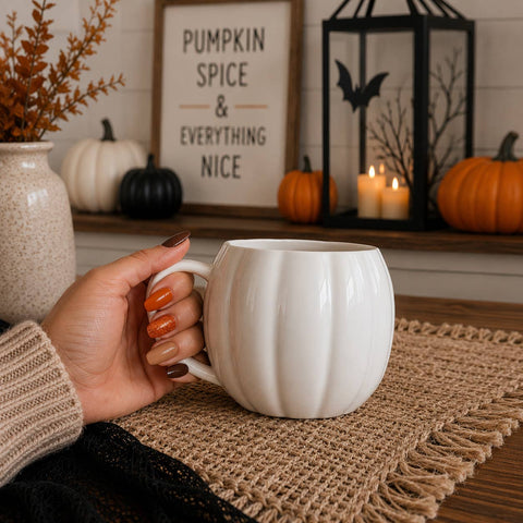 A hand with orange and brown nail polish holds a pumpkin shaped ceramic mug with a handle, set on a burlap placemat in a cozy fall-themed room with pumpkins and a framed sign.