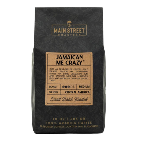 Coffee bag from Main Street Roasters with 'Jamaican Me Crazy' flavor description on a white background