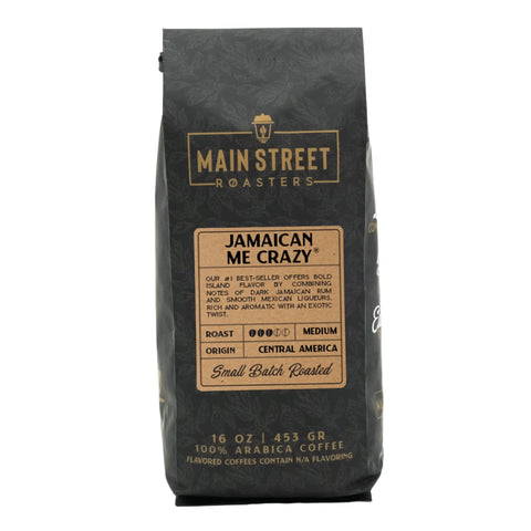 Main Street Roasters Jamaican Me Crazy medium roast coffee in black branded bag