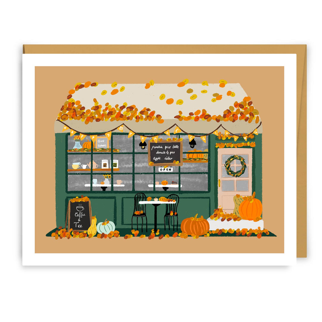 Illustrated Autumn Coffee Shop Thanksgiving Greeting Card