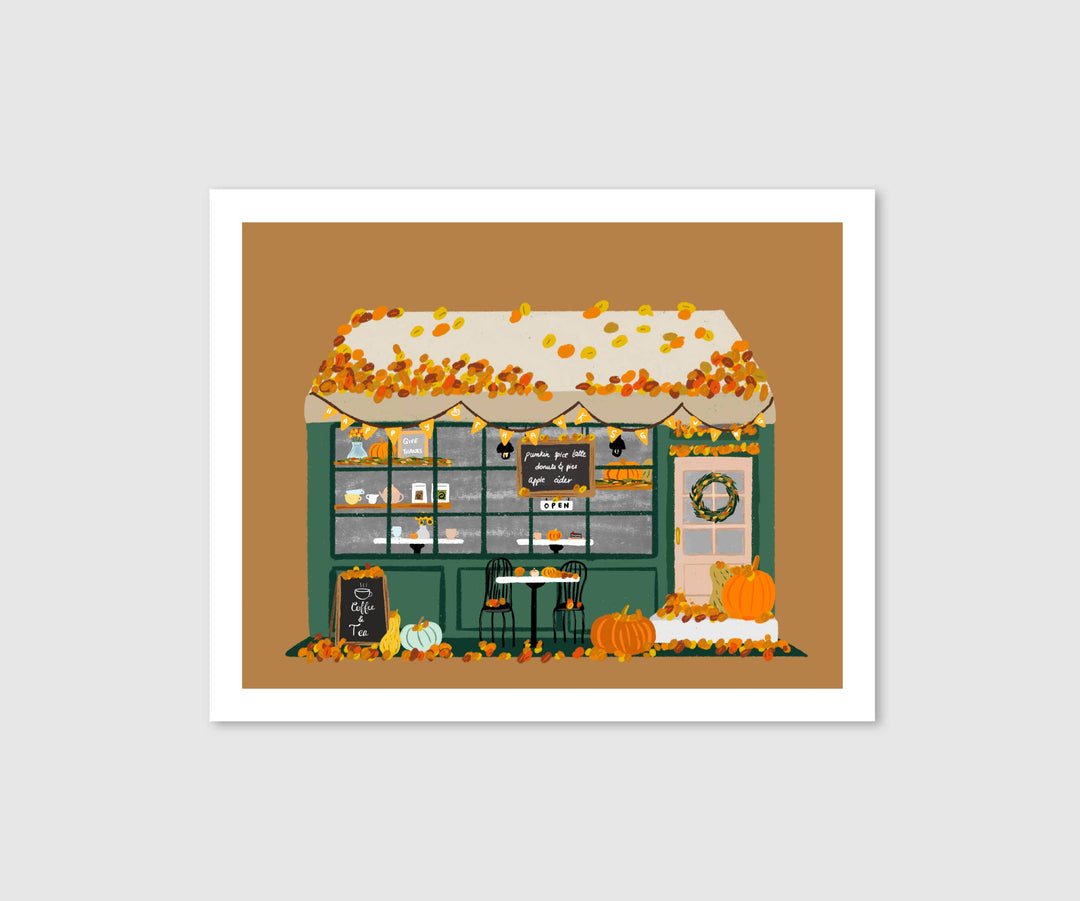 Illustrated Autumn Coffee Shop Thanksgiving Wall Art - Main Street Roasters