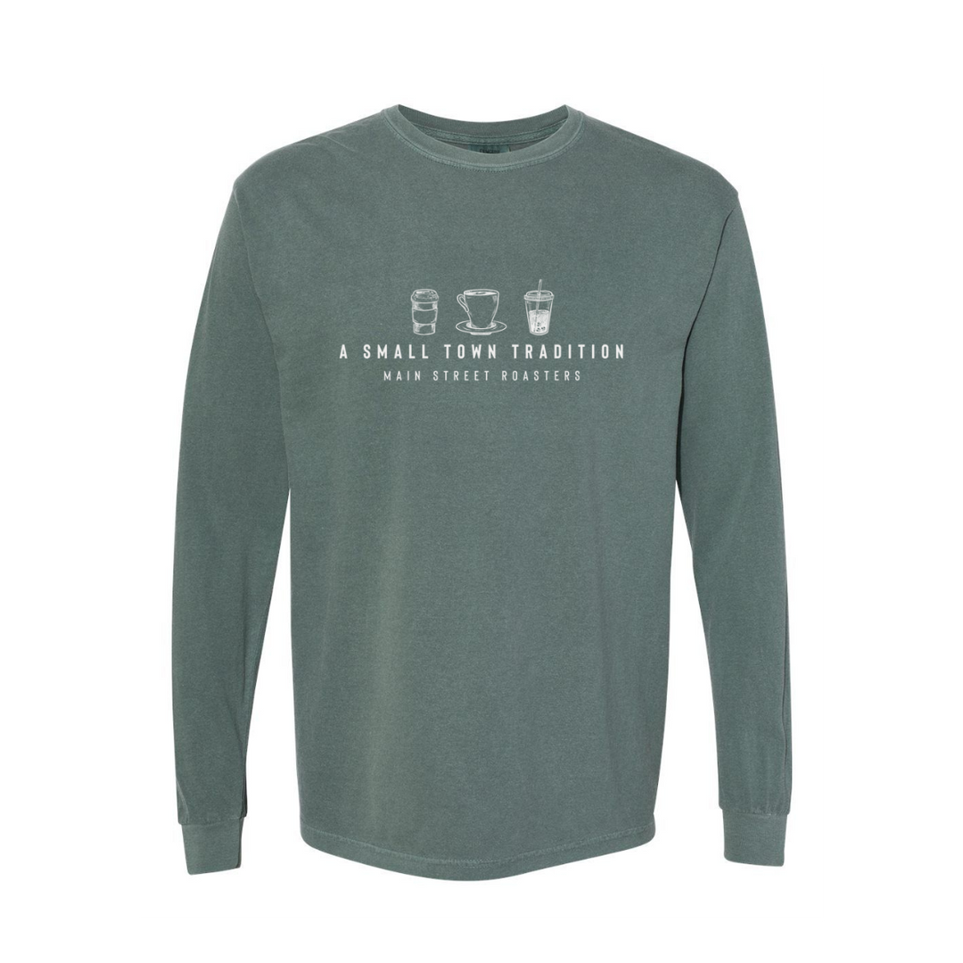 Small Town Traditions | Long Sleeve Blue Spruce Comfort Colors Tee - Main Street Roasters
