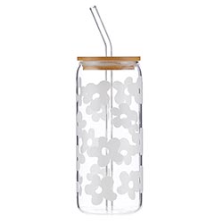Glass Cold Brew Coffee Tumbler with Bamboo Lid - White Floral - Main Street Roasters