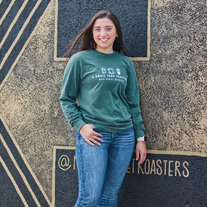 Small Town Traditions | Long Sleeve Blue Spruce Comfort Colors Tee - Main Street Roasters